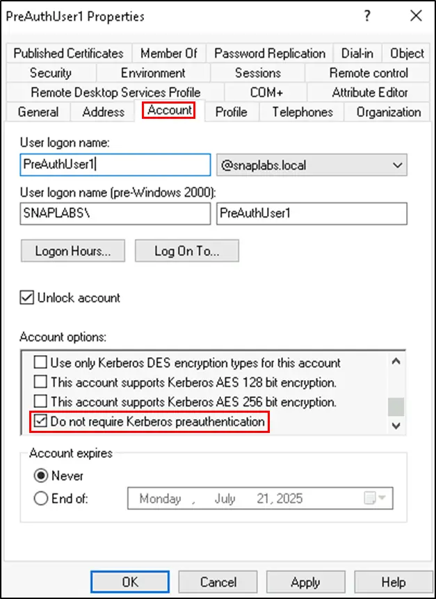 Active Directory Users and Computers account properties for a user, showing the Account tab with Do not require Kerberos preauthentication enabled, indicating the user is potentially vulnerable to AS-REP roasting.