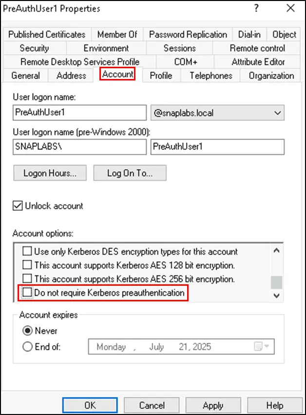 Active Directory Users and Computers account properties for a user, showing the Account tab with Do not require Kerberos preauthentication disabled, indicating the user is no longer vulnerable to AS-REP roasting.