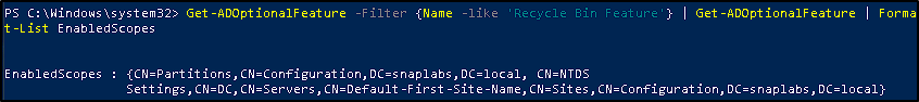 Powershell output from commands that determine if Active Directory Recycle Bin is enabled