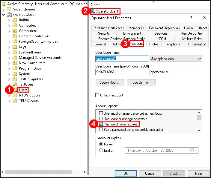 Check for Accounts with Non-Expiring Passwords via ADUC