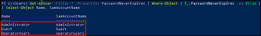 PowerShell command to list accounts with non-expiring passwords