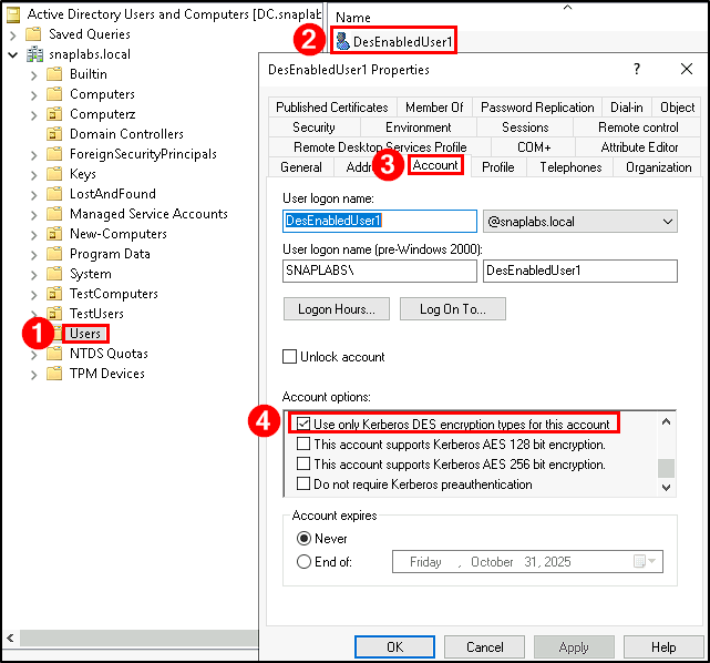 Check for Accounts that are DES enabled via ADUC