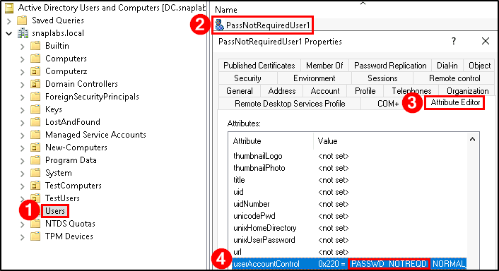 Check account that does not require a password via ADUC.