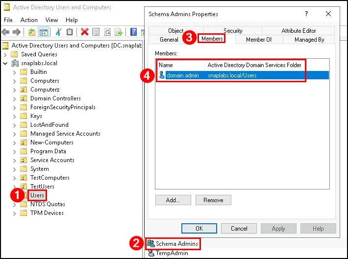 Check for schema admin group membership via ADUC