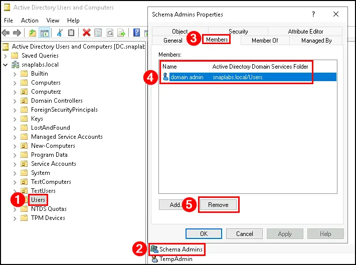 Remove user from schema admin group via ADUC