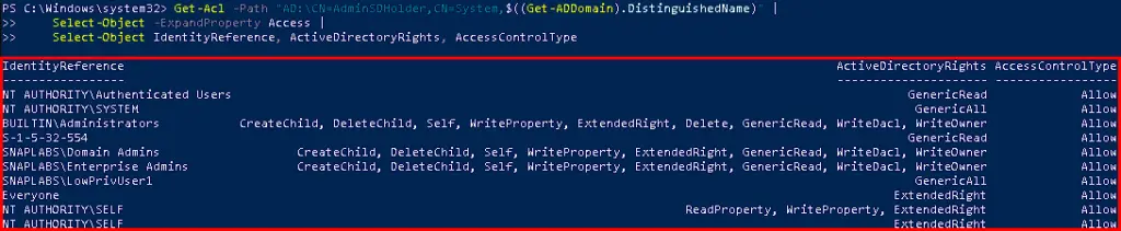 PowerShell Get-Acl output listing AdminSDHolder permission entries, for auditing.