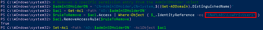 PowerShell commands removing an account access rule from AdminSDHolder