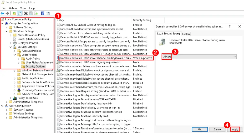 Enforcing LDAP channel binding to "Always" through GPO