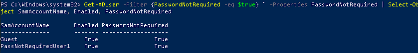 PowerShell output to identify accounts with the "PasswordNotRequired" flag.