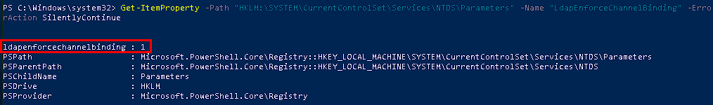 PowerShell commands checking LDAP channel binding settings