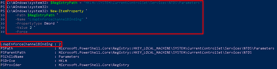 PowerShell commands setting LDAP channel binding to Always