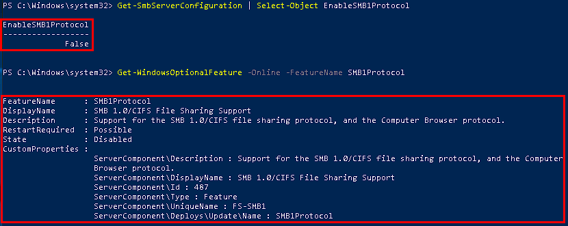 PowerShell commands determining SMBv1 status on a domain controller