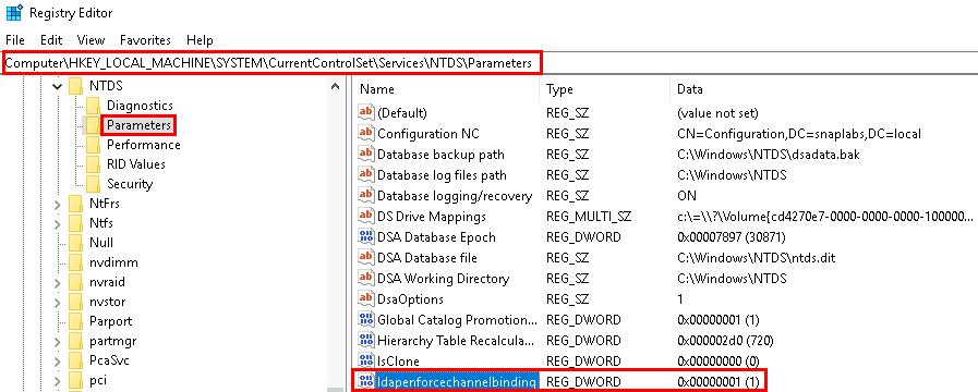 Checking LDAP channel binding status within the registry editor