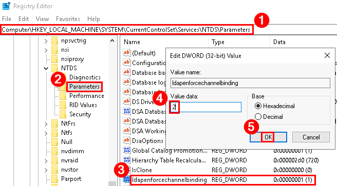 Enforcing LDAP channel binding to "Always" within the registry editor