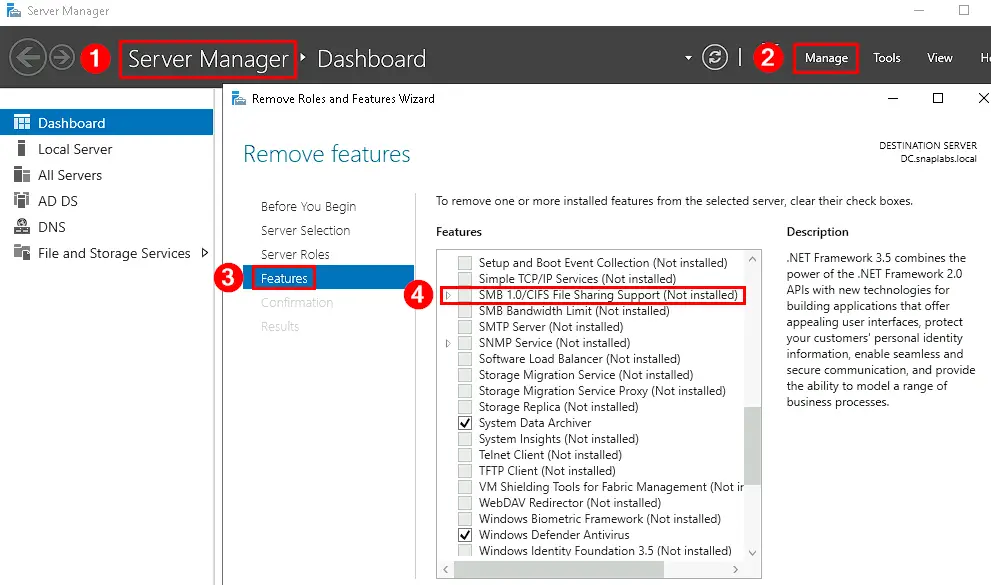 SMBv1 status within server manager
