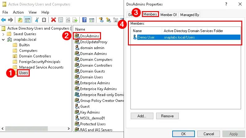 ADUC steps to verify DnsAdmins group membership