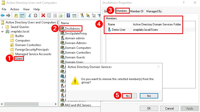 ADUC steps to remove a user from the DnsAdmins group