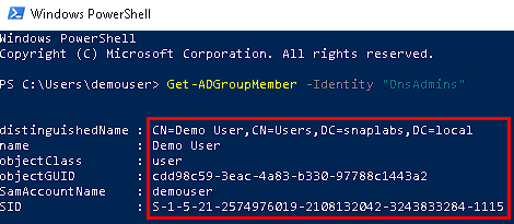 PowerShell commands checking DnsAdmins group membership