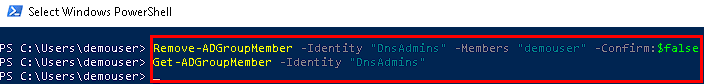 PowerShell commands removing a user from the DnsAdmins group