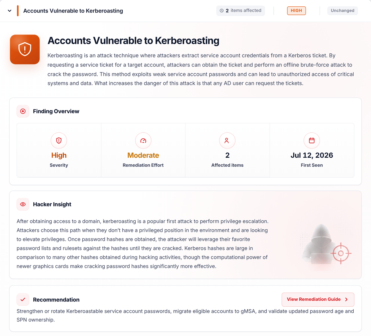 The Accounts Vulnerable to Kerberoasting finding in an Insight Recon report, showing the hacker insight and the recommended fix